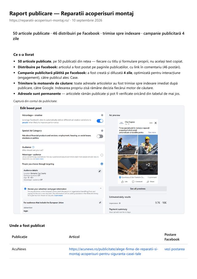 Prima pagină din raportul de publicare pentru Reparații acoperișuri montaj